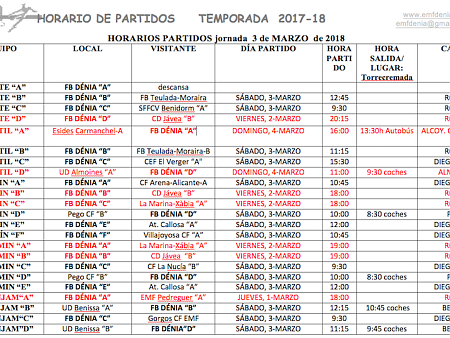 HORARIS EM FB DÉNIA jornada 3-març-2018